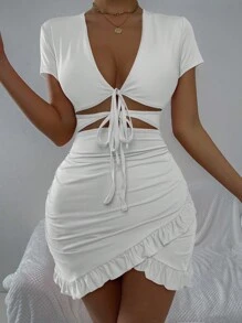 Allurite Tied Cutout Front Ruffle Trim Wrap Hem Dress