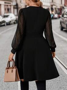 SHEIN LUNE Plus Contrast Mesh Lantern Sleeve Overlap Collar Dress - Black - View 2