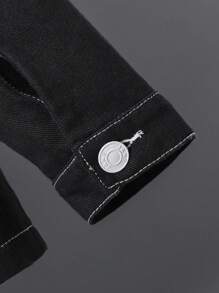 Tween Boy Top-stitching Drop Shoulder Denim Jacket Without Hoodie - Black - View 4