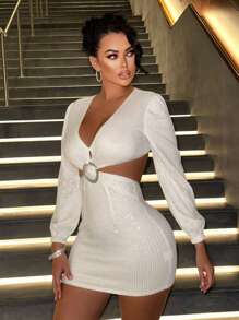 Zolique Plunging Neck Cut Out Waist Sequin Bodycon Dress - White - View 4