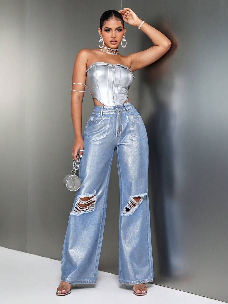 High Waist Ripped Wide Leg Jeans