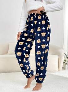 Bear Print Flannel Sleep Pants Pajama Pants - Blue - View 1