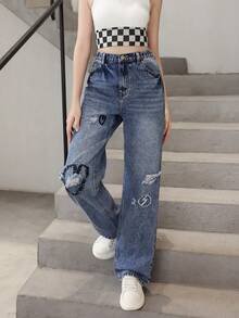 Teen Girl Embroidery Heart Pattern Ripped Straight Leg Jeans - Dark Wash - View 5