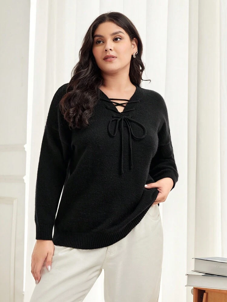 Plus Lace Up Front Drop Shoulder Sweater