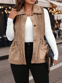 Calvaya Chaleco con botones y bolsillos dobles, talla grande, para invierno - Caqui - Ver 3