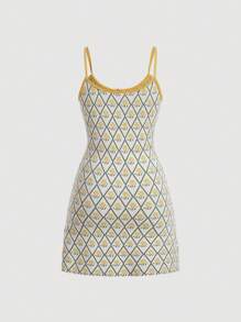 SHEIN MOD Argyle Pattern Contrast Binding Tie Front Cami Sweater Dress - Multicolor - View 2