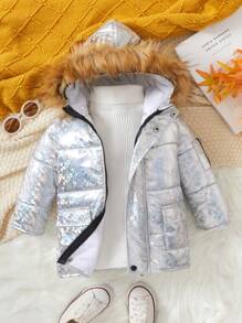 Baby Boy Fuzzy Trim Hooded Padded Coat Without Sweater - Multicolor - View 1