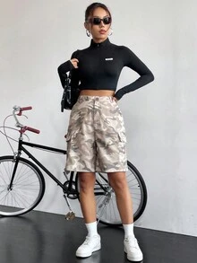 SHEIN Unity Camo Print Flap Pocket Side Cargo Shorts - Grey - View 6