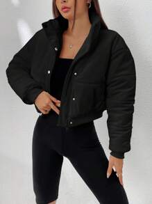 SHEIN EZwear 纯色拉链短款夹棉大衣 - 黑色 - 查看 5