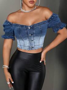 SHEIN SXY 一字肩荷葉袖短款牛仔上衣 - 中等水洗藍 - 查看 1