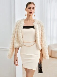 BizChic 素色毛茸茸緊身洋裝無鏈 - 杏色 - 查看 6