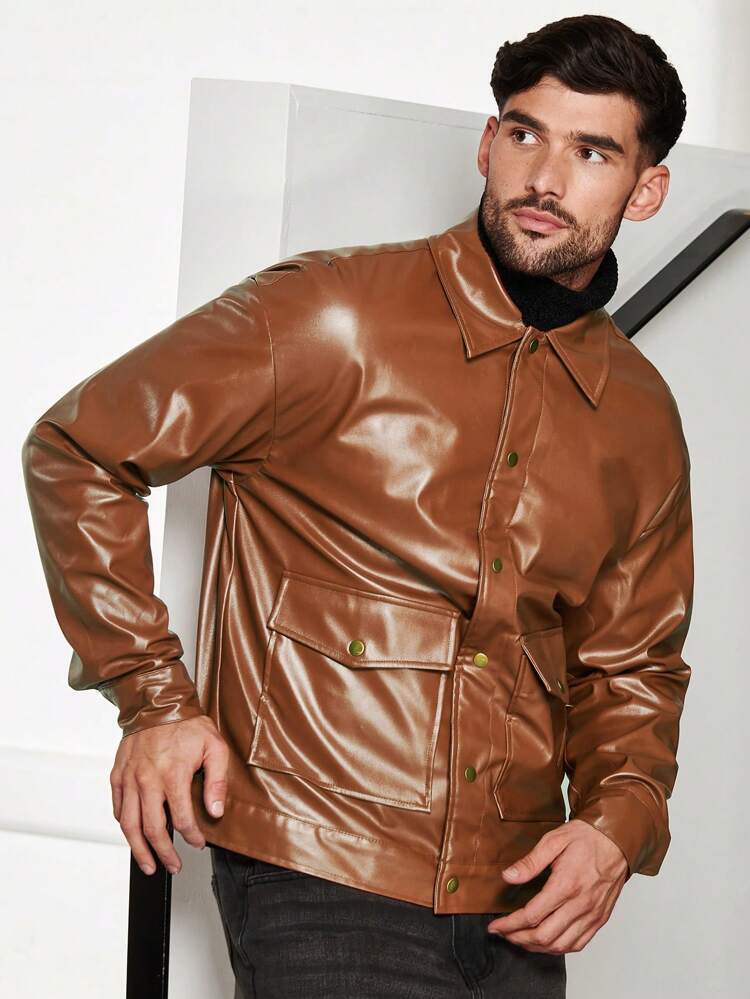 Loose Fit Men PU Leather Jacket With Flap Pockets