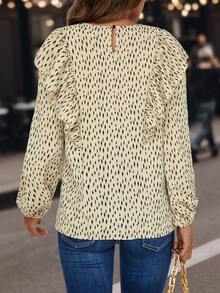 SHEIN LUNE Allover Print Ruffle Trim Lantern Sleeve Blouse - Khaki - View 2