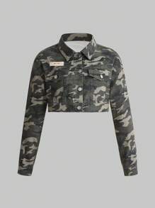 Teen Girl Camo Print Patch Detail Denim Jacket - Army Green - View 1