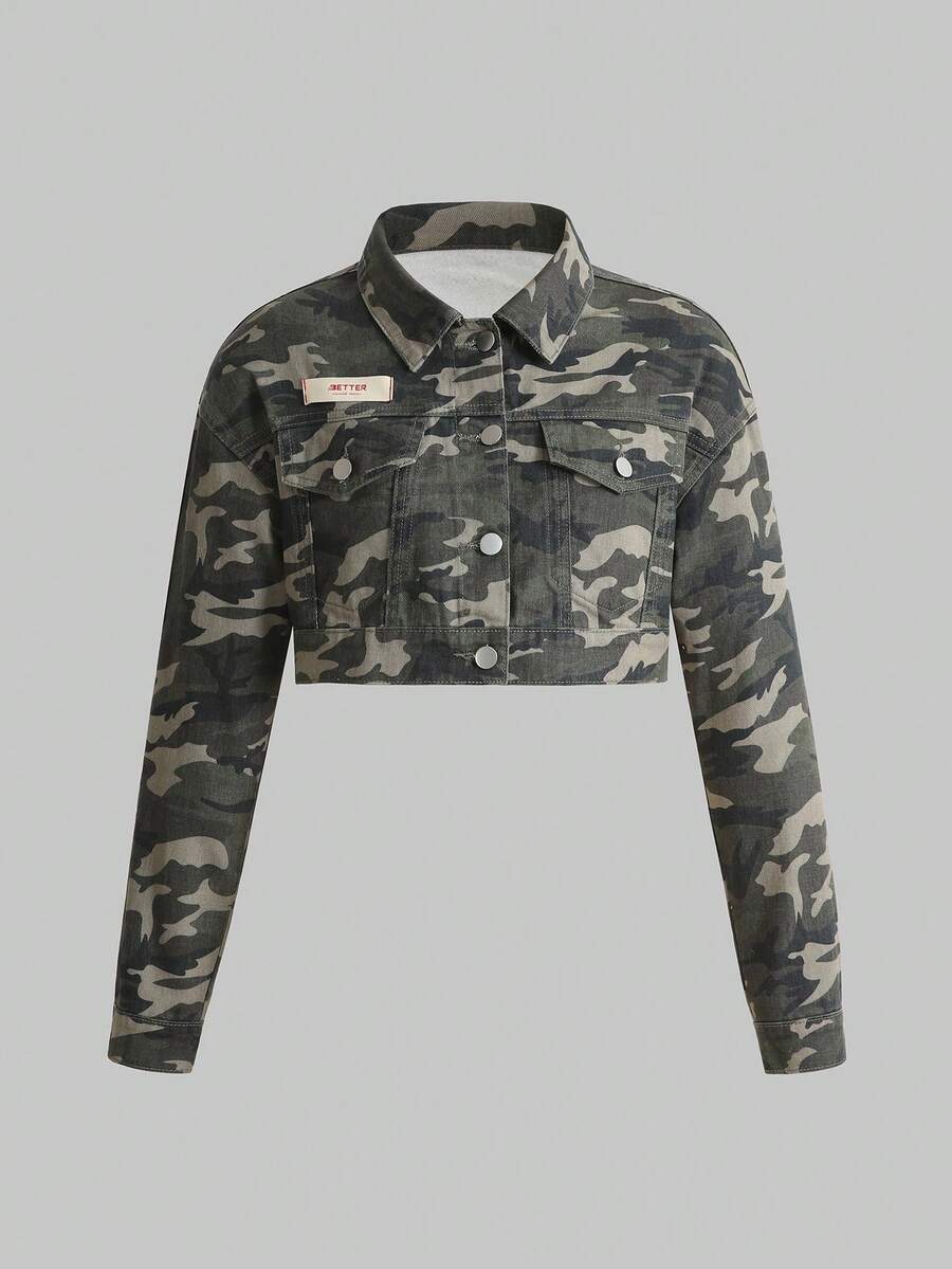 Teen Girl Camo Print Patch Detail Denim Jacket - Army Green - View 1