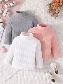 SHEIN 女嬰3入組條紋針織高領T恤 - 彩色 - 查看 1