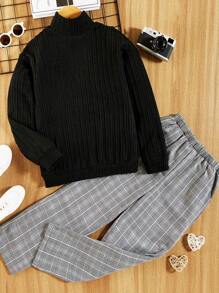 SHEIN Tween Boy Mock Neck Textured Knit Sweatshirt & Plaid Pants - Black - View 1