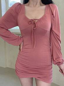 DAZY 纯色系带前褶皱紧身连衣裙，秋季连衣裙长袖连衣裙 - 粉色 - 查看 6