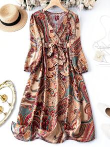SHEIN Clasi Plus Paisley Print Lantern Sleeve Belted Dress - Multicolor - View 1