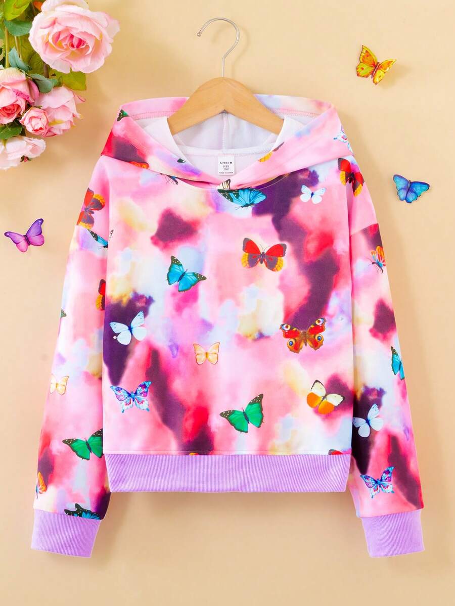 SHEIN 少女扎染蝴蝶印花卫衣 - 紅白色 - 查看 1