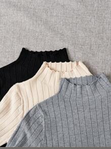 Chiquease 3件套高领罗纹针织荷叶边毛衣，长袖套头针织衫，秋冬毛衣 - 彩色 - 查看 3