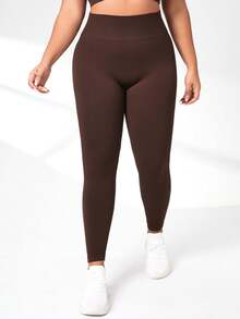 EMERY ROSE CURVE Plus Solid Wideband Waist Sports Leggings Yoga Women Pants - Brown - View 4