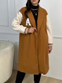 SHEIN LUNE 大碼字母貼布條紋飾邊落肩袖花呢外套 - 卡其色 - 查看 1