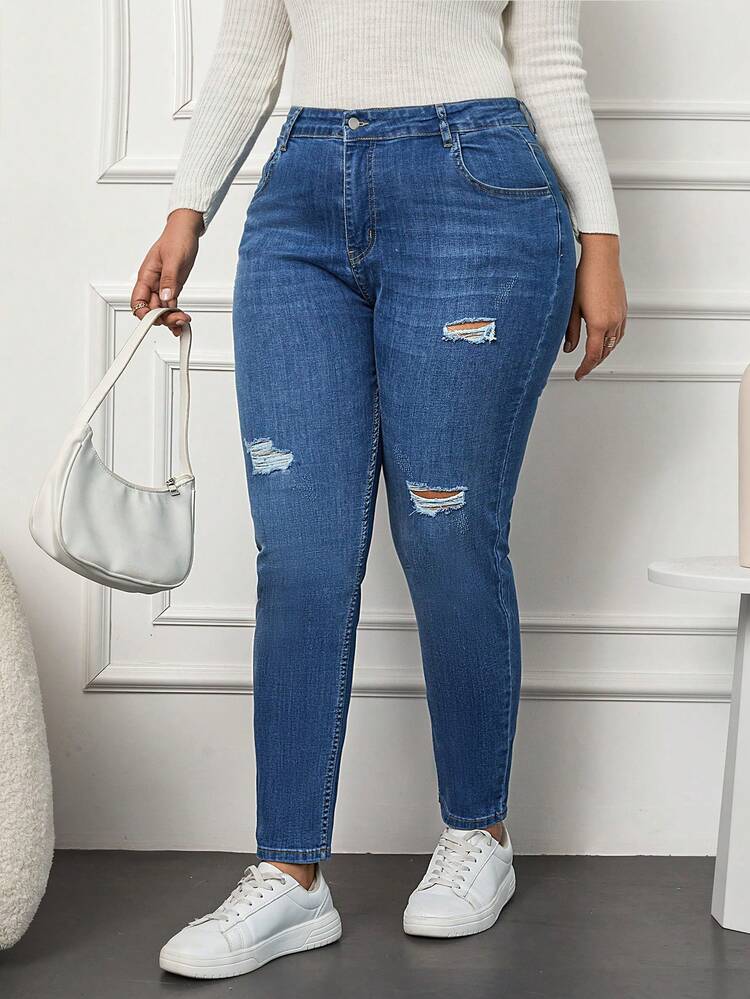 RueChic 大碼破洞緊身牛仔褲 - 藍色 - 查看 5