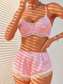 SHEIN Lace Trim Satin Lingerie Set - Pink - View 3