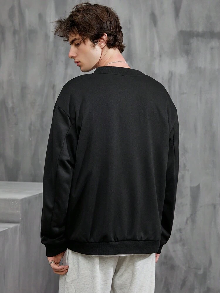 Oversized Men's Zipper Closure Bomber Jacket With Letter Patch Decoration, Without T-Shirt