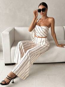 SHEIN Privé Striped Print Tube Top & Wide Leg Pants