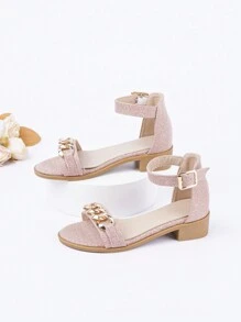 Girls Chain Decor Chunky Heeled Ankle Strap Sandals - Pink - View 3