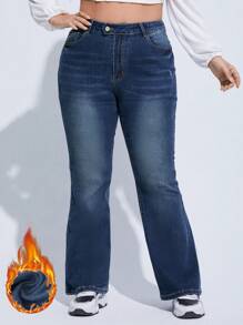 SHEIN EZwear Brushed Fabric Thermal Plus High Waist Bleach Wash Flare Leg Jeans - Blue - View 1