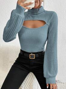 SHEIN Frenchy Cut Out Front Turtleneck Tee Winter - Dusty Blue - View 1