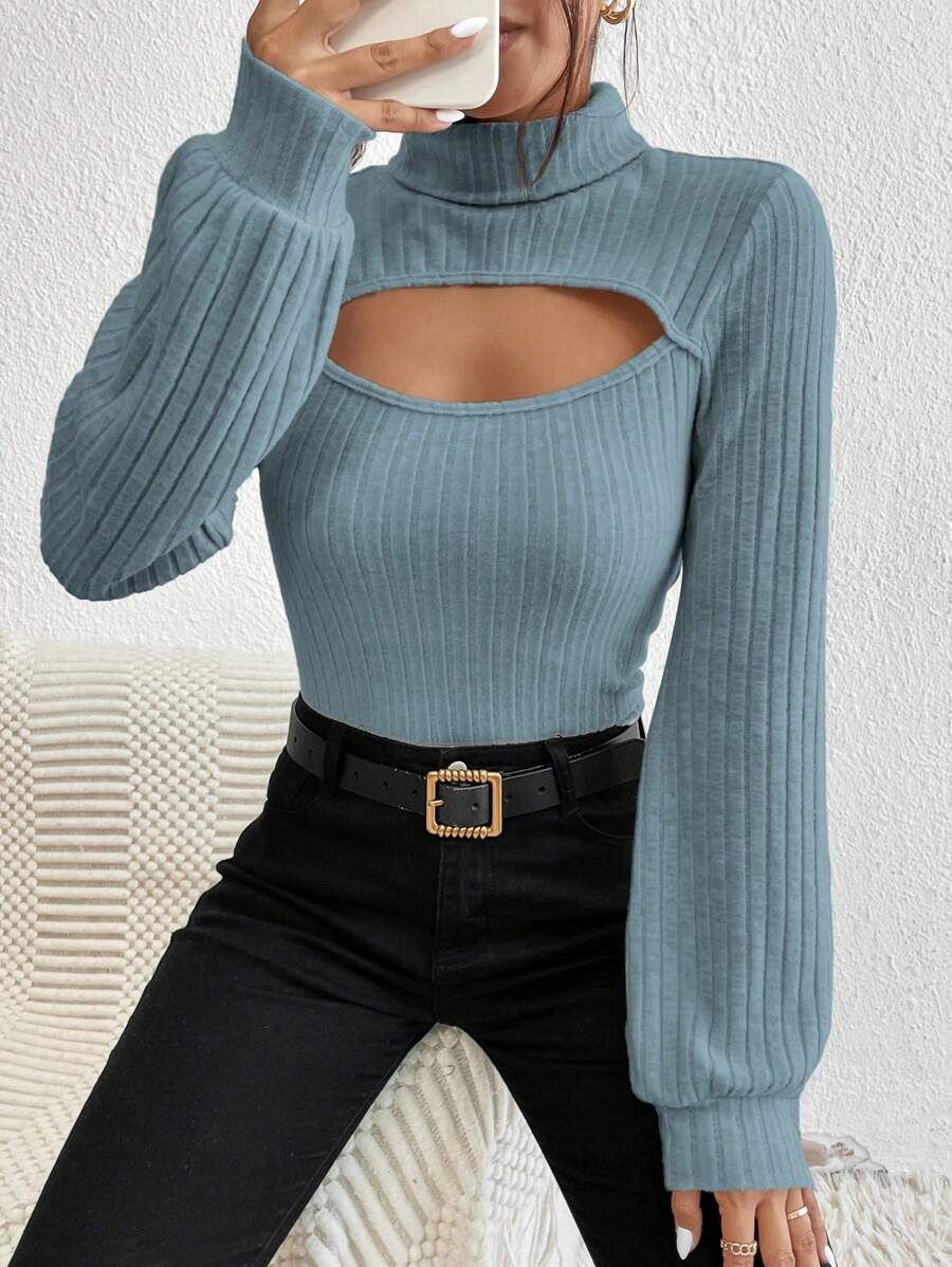 SHEIN Frenchy Cut Out Front Turtleneck Tee Winter - Dusty Blue - View 1