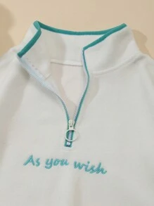 SHEIN Unity 女式撞色字母刺绣半拉链套头衫 - 白色 - 查看 8
