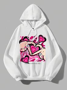 SHEIN EZwear Heart & Slogan Graphic Drawstring Hoodie - White - View 3