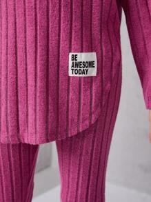 SHEIN Leap Crew Tween Girl Letter Patched Drop Shoulder Hooded Tee & Leggings - Hot Pink - View 5