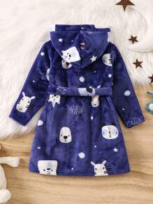 男嬰卡通圖案連帽腰帶法蘭絨睡袍 - 藏蓝色 - 查看 2