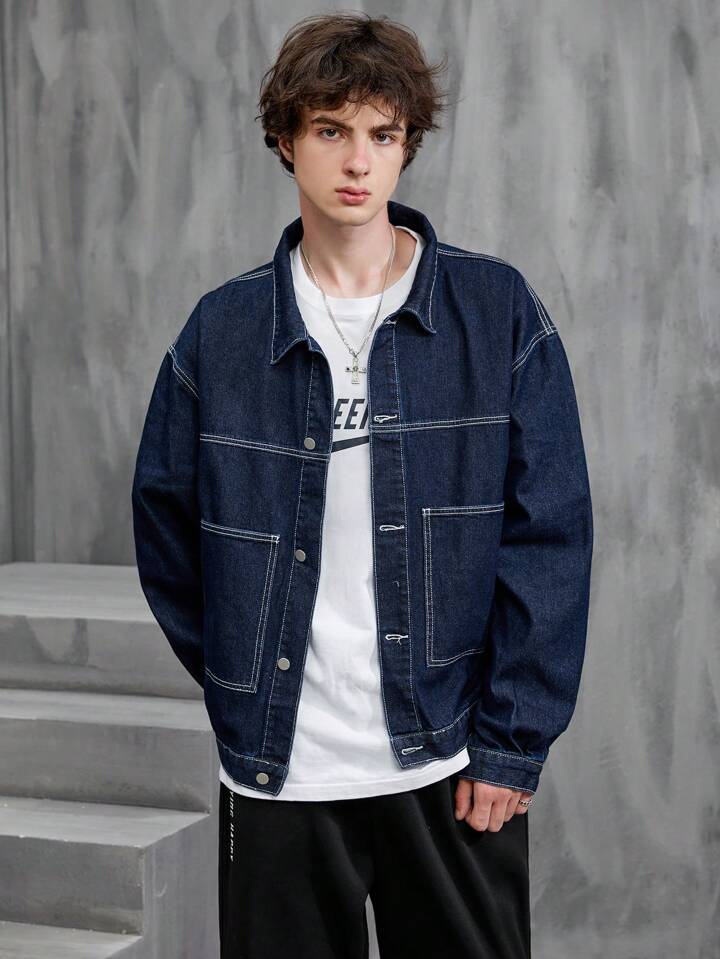Manfinity Hypemode Loose Fit Men s Top Stitching Drop Shoulder Denim Jacket SHEIN