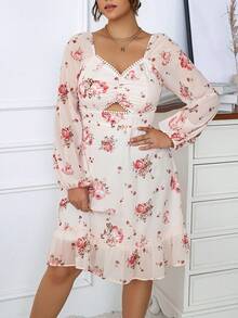 Celure Plus Floral Print Cut Out Ruched Ruffle Hem Dress - Multicolor - View 6