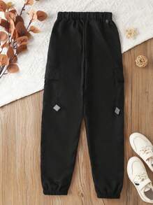 SHEIN Tween Boy Flap Pocket Side Chain Detail Cargo Pants - Black - View 2