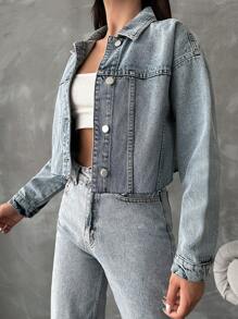 SHEIN Cottnline Drop Shoulder Crop Denim Jacket - Medium Wash - View 6