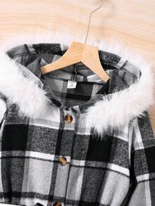 SHEIN Cô gái Tween Kẻ sọc Trang trí Fuzzy áo có mũ Thắt lưng Áo khoác - Màu be - Xem 4