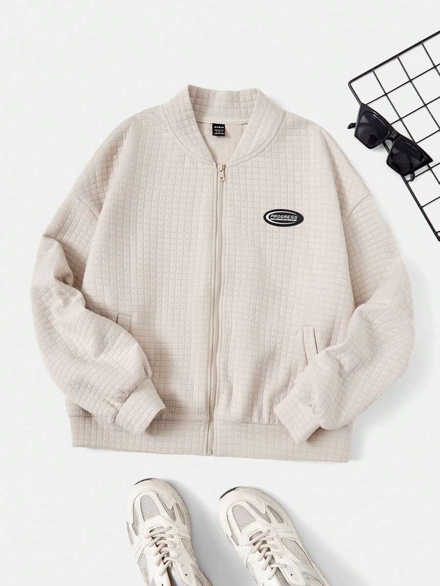 SHEIN EZwear Letter Patched Drop Shoulder Bomber Jacket - Apricot - View 1