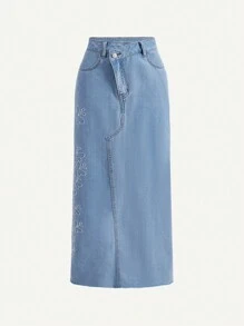 SHEIN MOD Floral Embroidery Split Back Denim Skirt - Light Wash - View 1