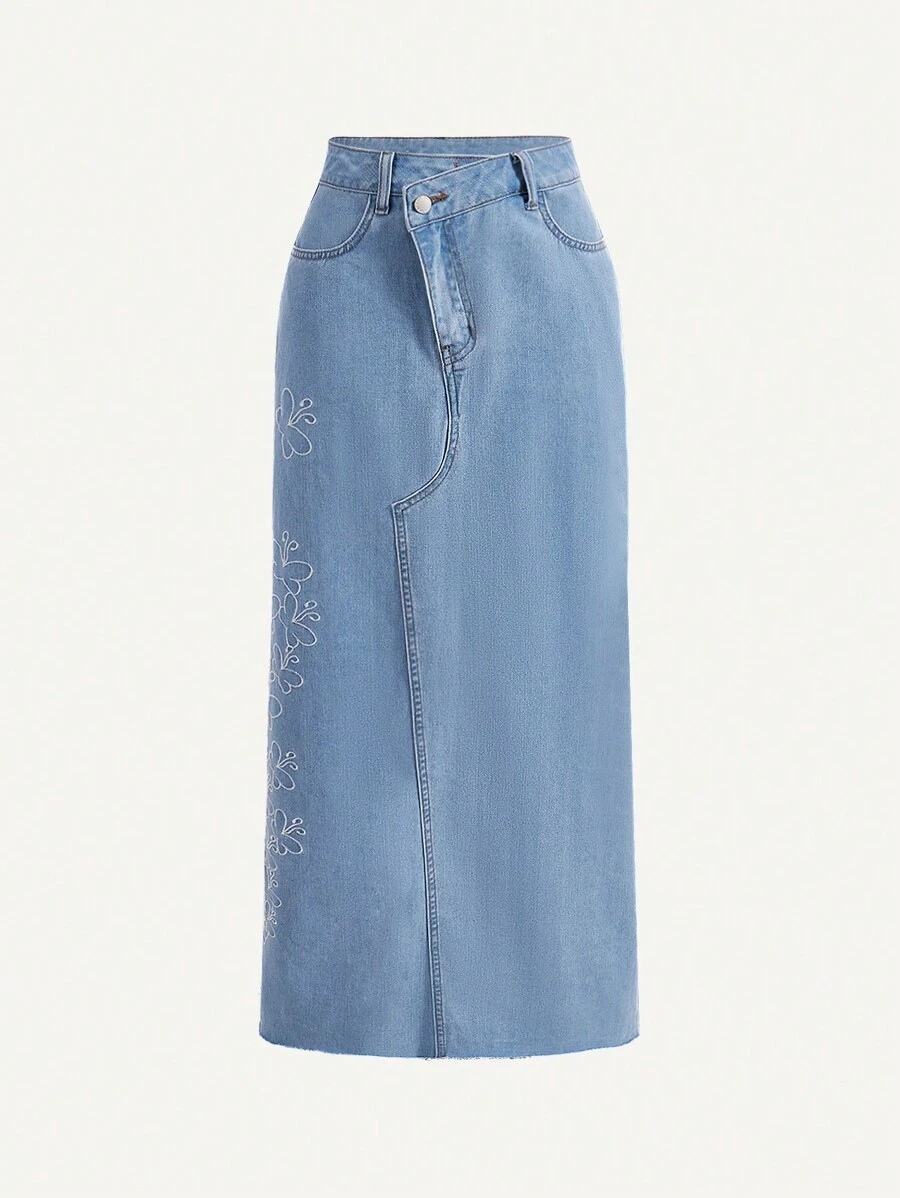 SHEIN MOD Floral Embroidery Split Back Denim Skirt - Light Wash - View 1