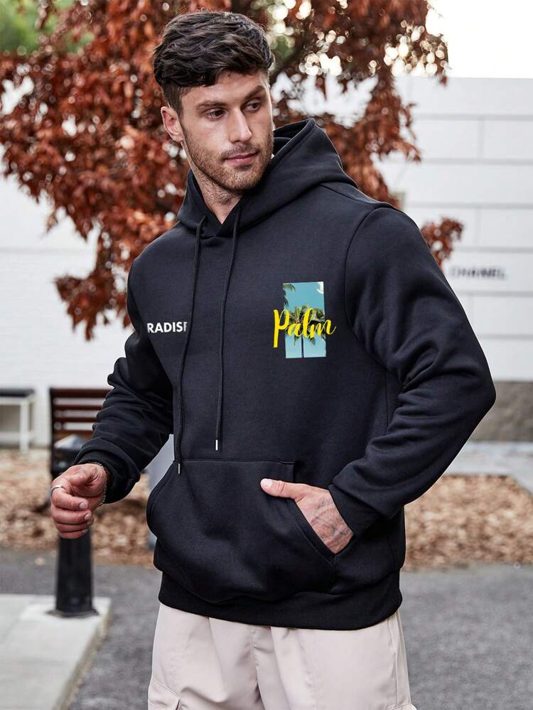 Men Plus Letter & Palm Tree Graphic Kangaroo Pocket Drawstring Hoodie