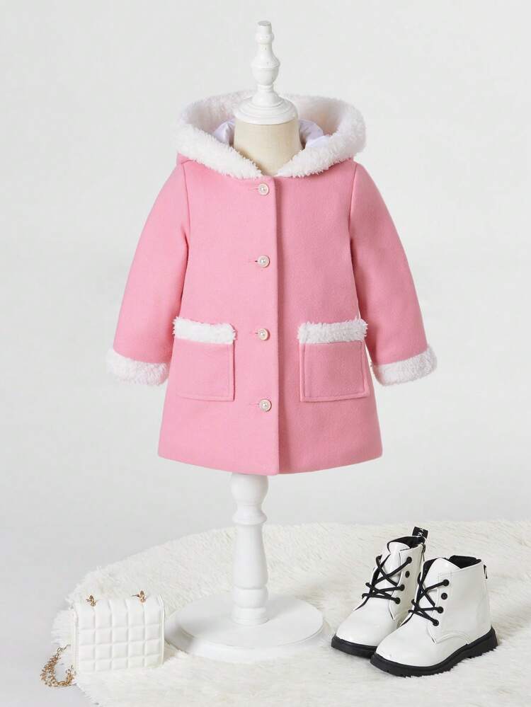 Baby Girl 1pc Fuzzy Trim Dual Pocket Hooded Overcoat