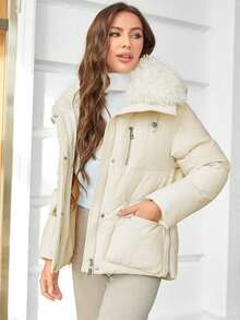 GASMAN Flap Pocket Fuzzy Trim Hooded Padded Coat - Beige - View 6